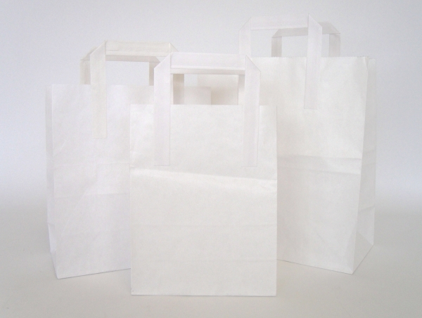 SOS White Kraft Paper Carrier Bags - Flat Paper Tape Handles, The Baggery Sundries UK Ltd SOS White Kraft Paper Carrier Bags - Flat Paper Tape Handles