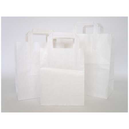 SOS White Kraft Paper Carrier Bags - Flat Paper Tape Handles - Large - 25.4cm x 40.5cm x 30cm