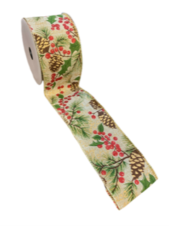 Christmas Holly Ribbon, with wire edge, The Baggery Sundries UK Ltd Christmas Holly Ribbon, with wire edge