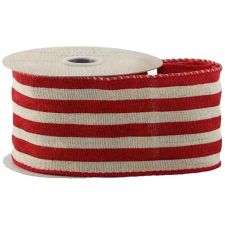 Christmas - Red & Natural Striped Ribbon - Wired Edge - 63mm x 10yds