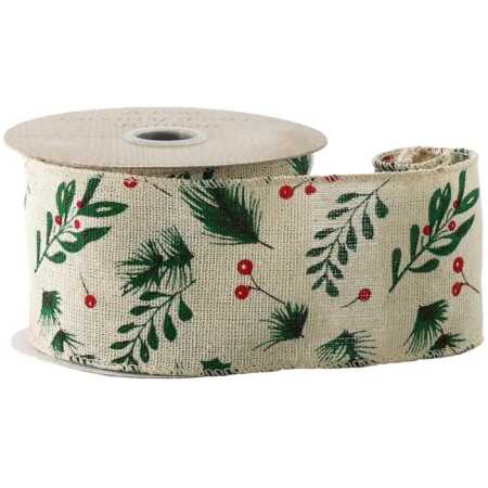 Chirstmas - Hessian Ribbon with Berry & Foliage - Wired Edge - 63mm x 10yds