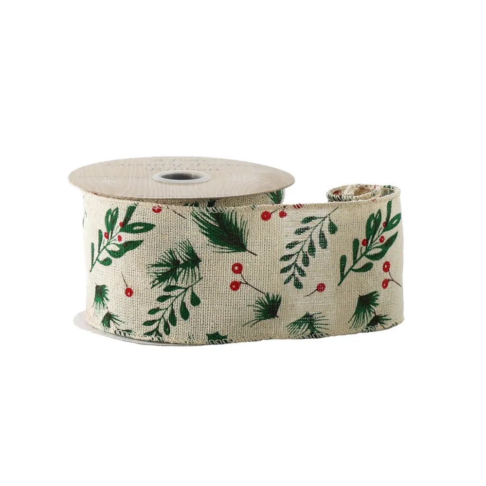 Chirstmas – Hessian Ribbon with Berry & Foliage – Wired Edge – 63mm x 10yds, The Baggery Sundries UK Ltd Chirstmas – Hessian Ribbon with Berry & Foliage – Wired Edge – 63mm x 10yds