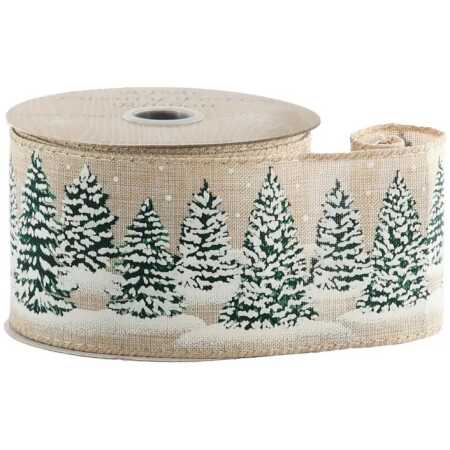 Christmas - Hessian Ribbon with Trees - Wired Edge - 63mm x 10yds